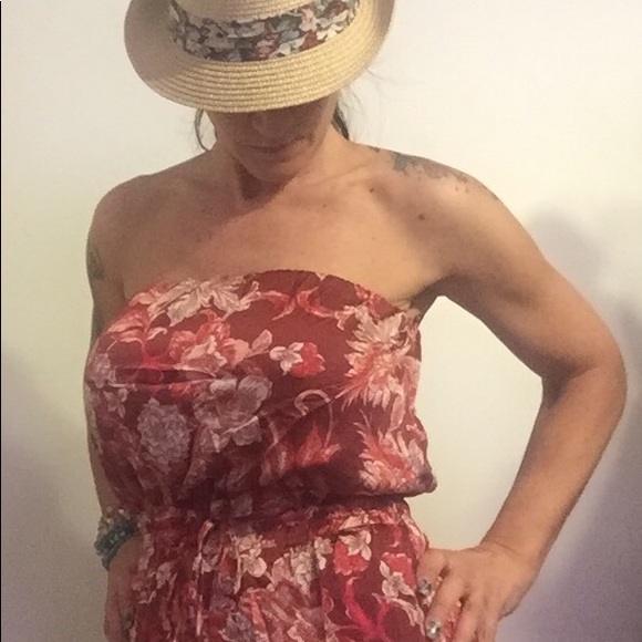 Wine Red Floral Print Lined Wide Leg Strapless Jumpsuit - Picture 6 of 8